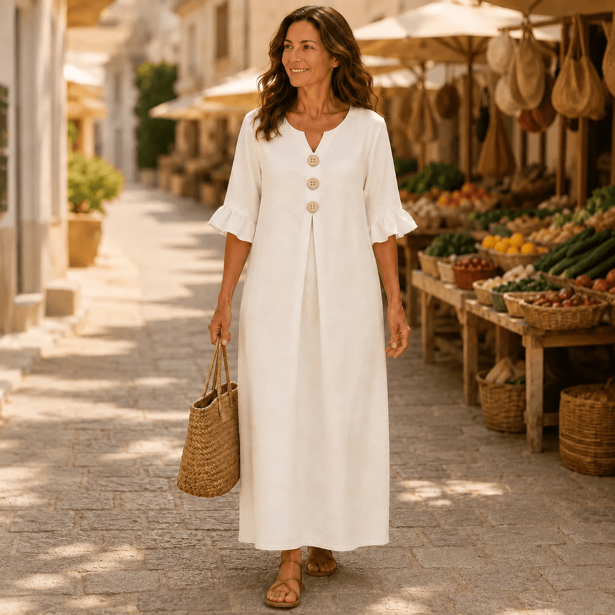 Marellia Flowy Linen-Look V-Neck Summer Maxi Dress with Ruffle Sleeves and Pockets