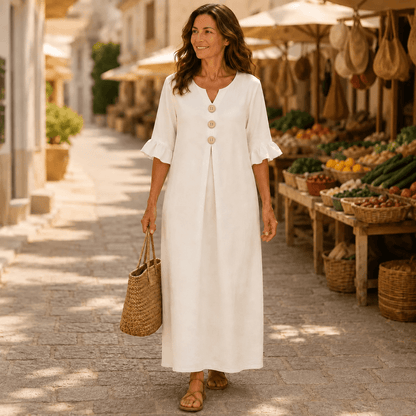 Marellia Flowy Linen-Look V-Neck Summer Maxi Dress with Ruffle Sleeves and Pockets