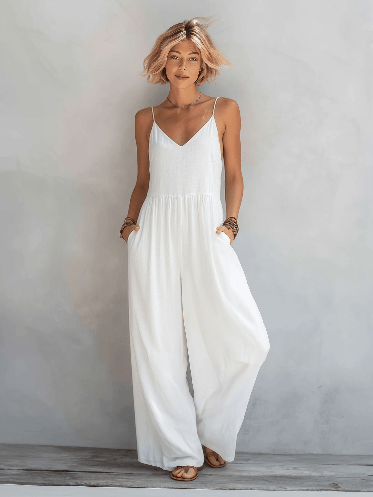 Women's Wide-Leg Linen Blend Jumpsuit with Spaghetti Straps