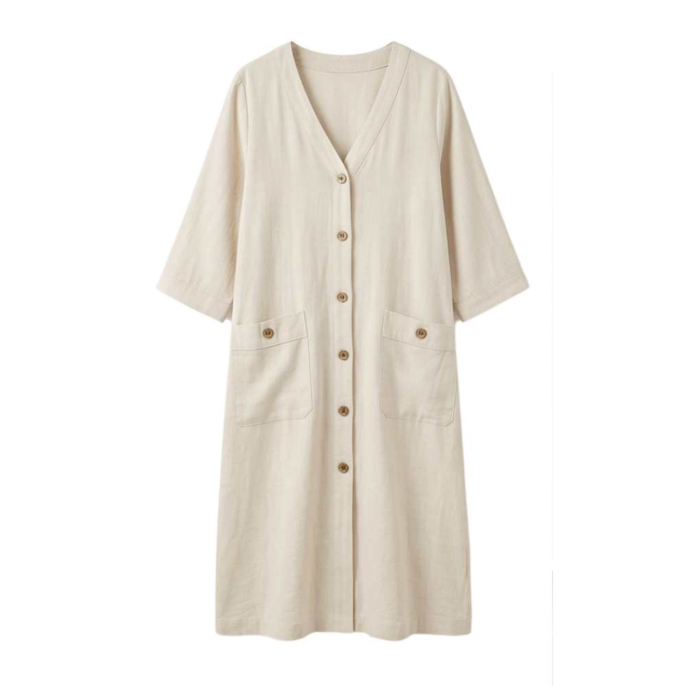 Button-Front V-Neck Midi Dress with Patch Pockets for Women