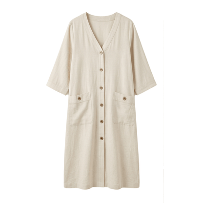 Button-Front V-Neck Midi Dress with Patch Pockets for Women