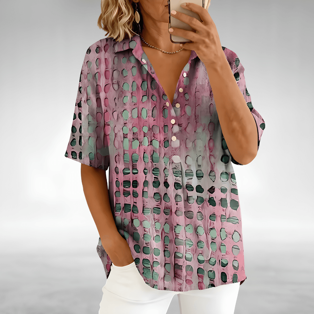 Loose Fit Linen Blend Summer Top with Abstract Dot Print and Short Sleeves