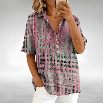 Loose Fit Linen Blend Summer Top with Abstract Dot Print and Short Sleeves