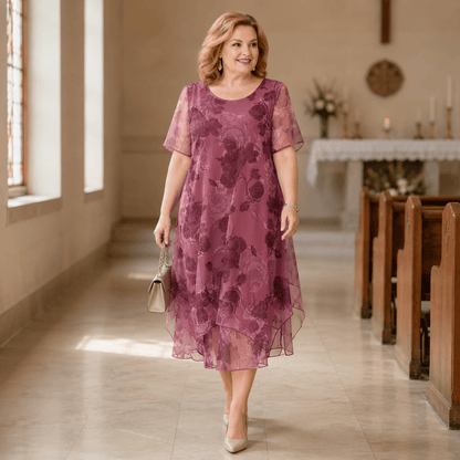 Florenza Print Layered Chiffon Women's Midi Dress with Sheer Sleeves