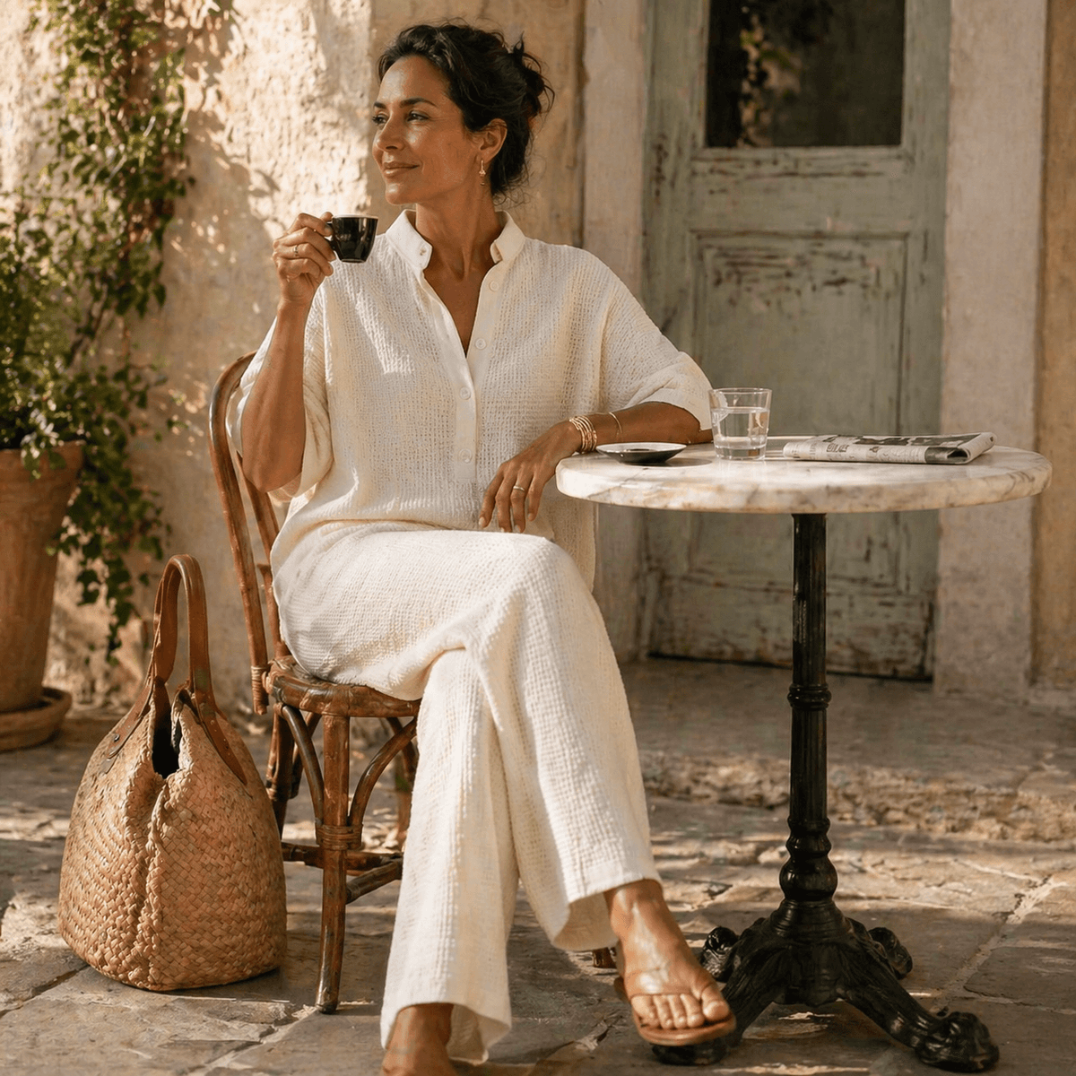 Vienelle Waffle-Knit Two-Piece Lounge Set with Wide-Leg Pants