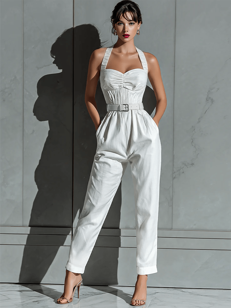Women's Belted Halter Sweetheart Linen Blend Jumpsuit with Tailored Fit