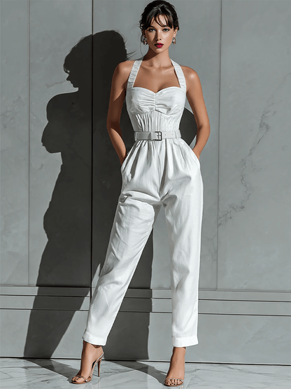 Women's Belted Halter Sweetheart Linen Blend Jumpsuit with Tailored Fit