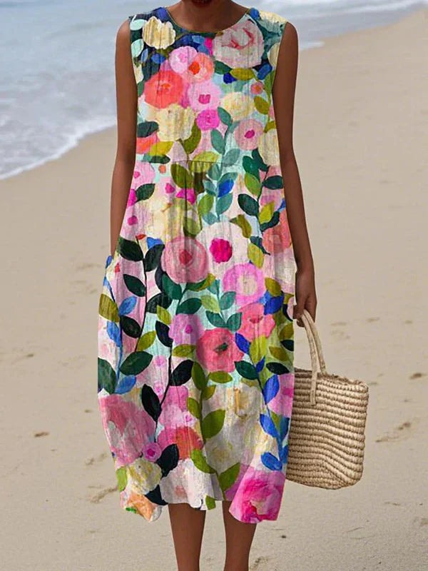 Women's Boho Patchwork Sleeveless Summer Midi Dress with Floral Print