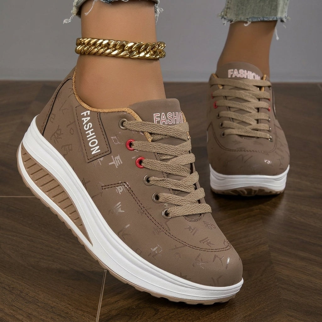 Women's Lace-Up Wedge Sneakers with Cushioned Rocker Platform Sole