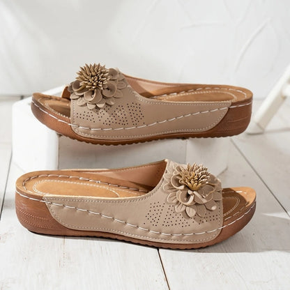 Flora Comfortable Slide Wedge Sandals with Perforated Upper and Flower Detail