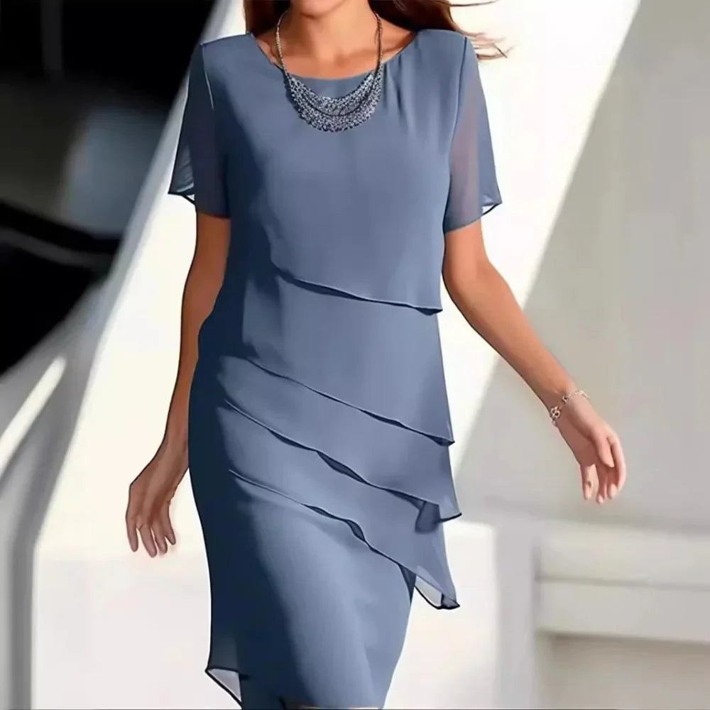 Layered Chiffon Short-Sleeve Summer Midi Dress for Women with Crew Neck