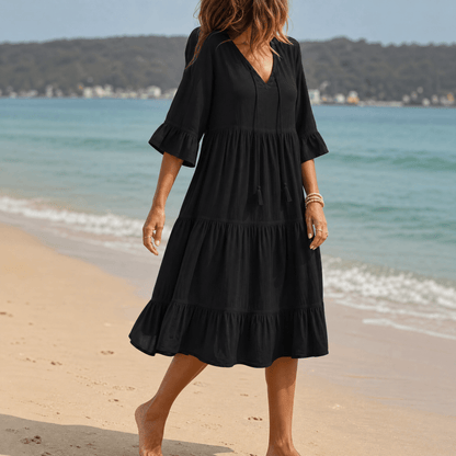 Solera Tiered Cotton Midi Dress with V-Neck Tassel Tie and Flared Sleeves