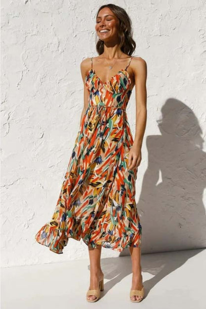 Sara Woven Midi Summer Dress with Abstract Floral Print and Tie Waist