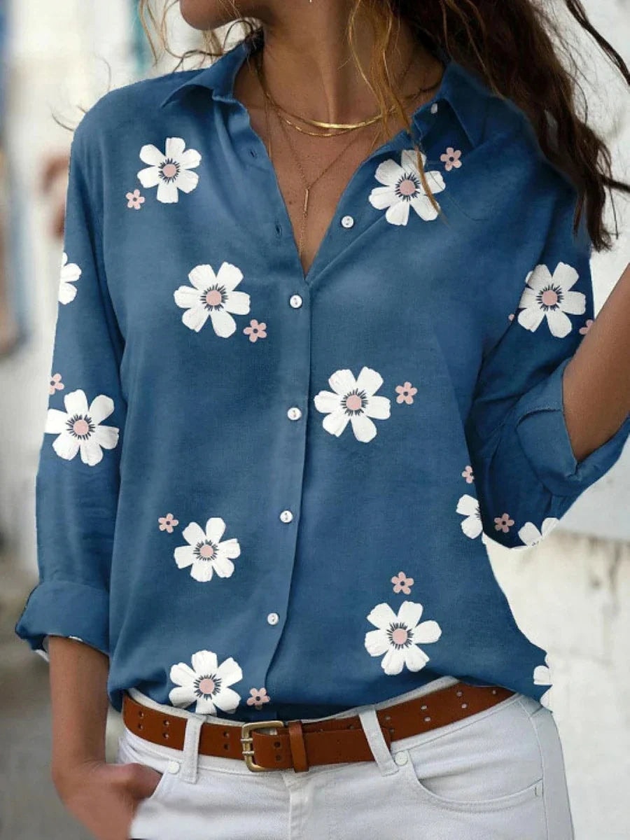 Darya Floral Print Long-Sleeve Blouse for Women with Button-Down Front