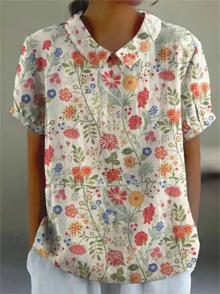 Floral Print Peter Pan Collar Short Sleeve Blouse for Women