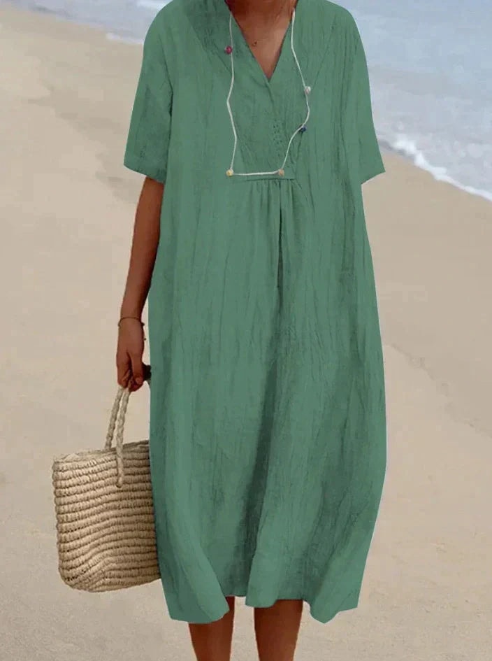 Women's Cotton Linen V-Neck Summer Midi Dress with Side Pockets