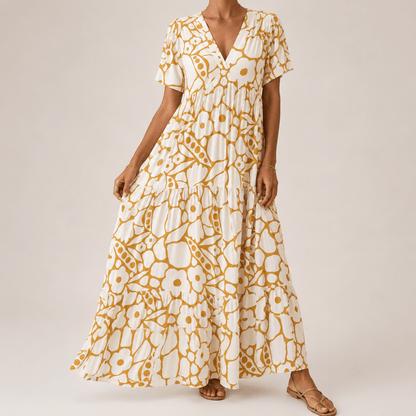 Georgiana Floral Summer Maxi Dress with Short Sleeves and Tiered Skirt