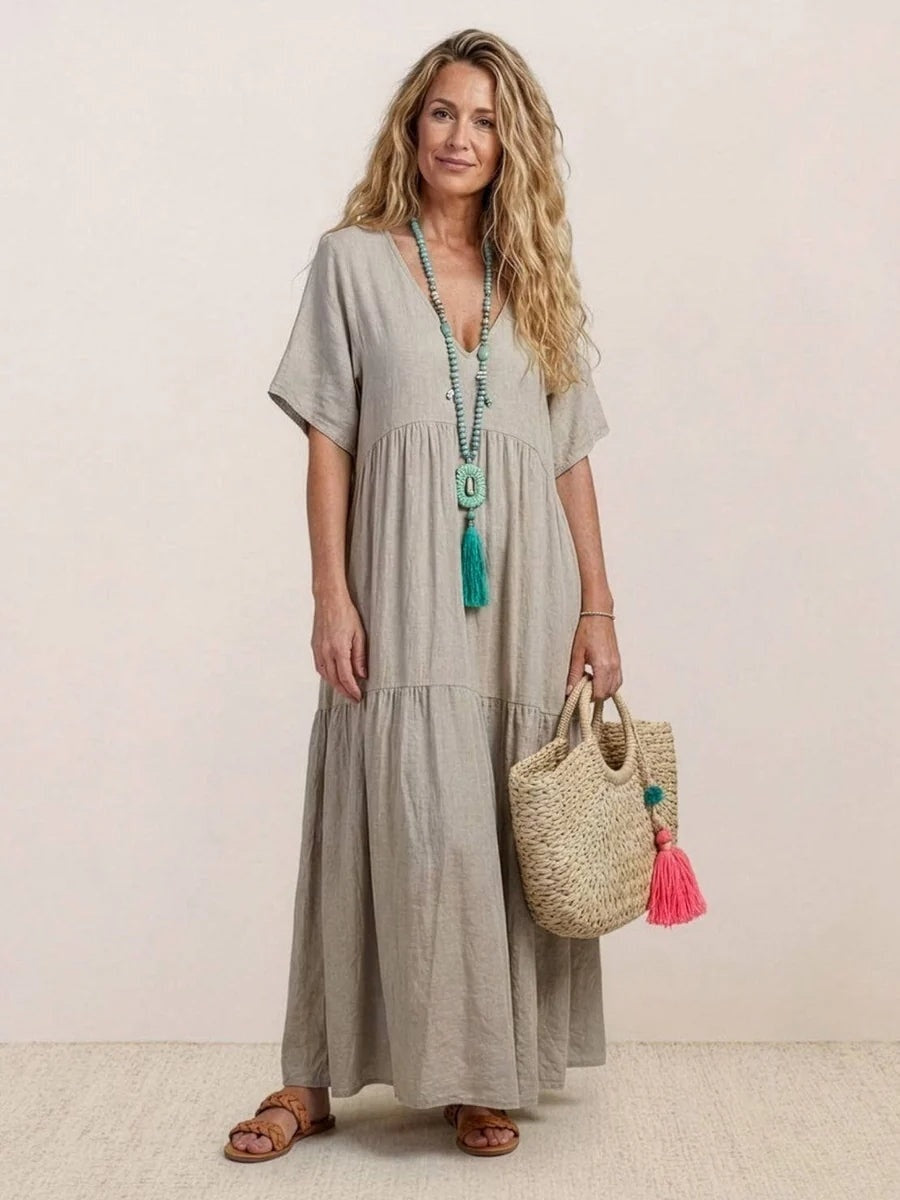 Women's Tiered Ruffle V-Neck Midi Dress with Short Sleeves in Polyester