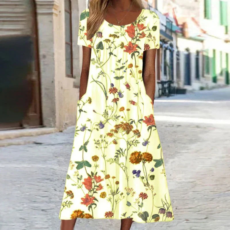 Harper Floral Print Short Sleeve A-Line Women's Midi Dress with Pockets