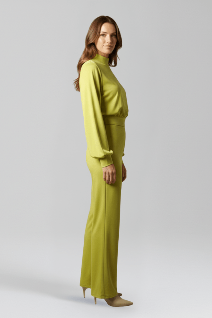 Women's Mock Neck Wide-Leg Linen Jumpsuit with Balloon Sleeves