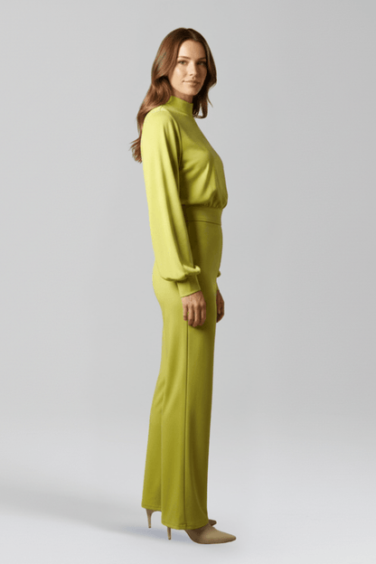 Women's Mock Neck Wide-Leg Linen Jumpsuit with Balloon Sleeves