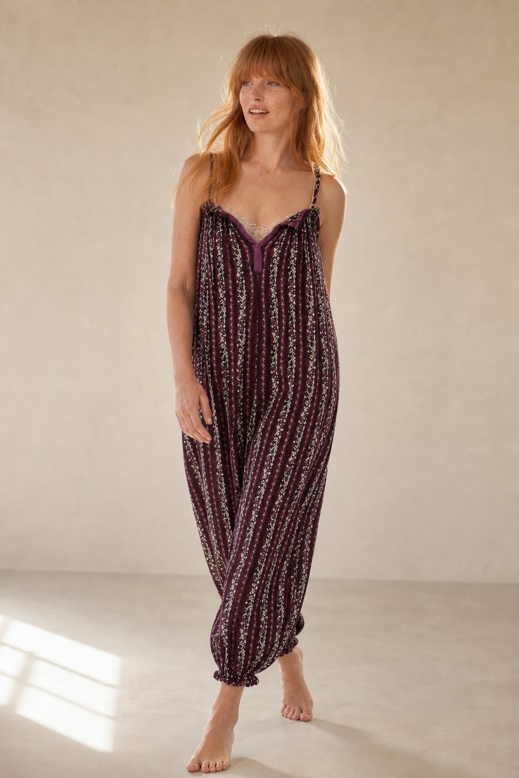 Women's Boho Harem Linen Jumpsuit with Tie-Shoulder Straps