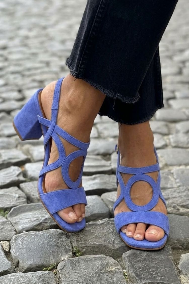 Women's Cushioned Suede Block Heel Sandals with Round Cutout Detail