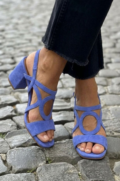 Women's Cushioned Suede Block Heel Sandals with Round Cutout Detail