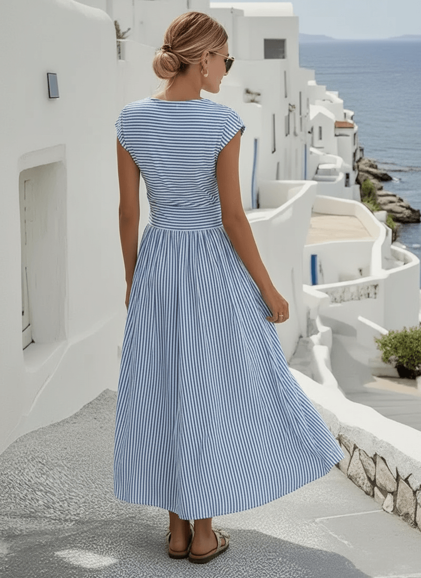 Striped Linen-Blend Twisted-Waist Cap-Sleeve Summer Midi Dress
