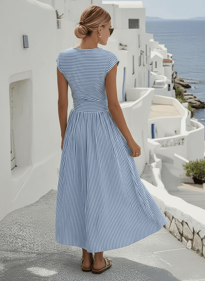 Striped Linen-Blend Twisted-Waist Cap-Sleeve Summer Midi Dress