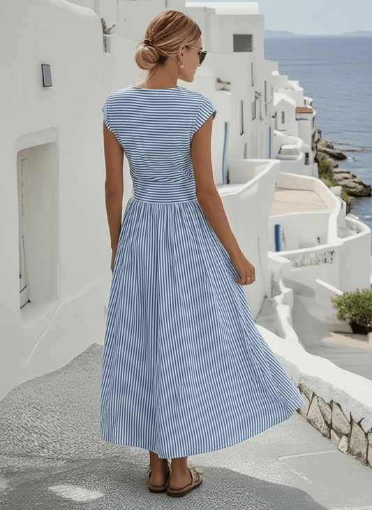Striped Linen-Blend Twisted-Waist Cap-Sleeve Summer Midi Dress