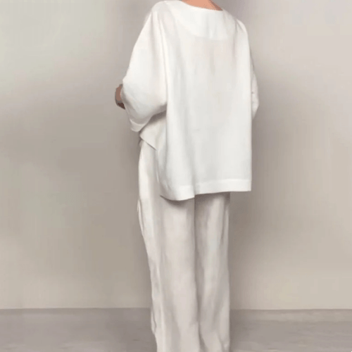 Cotton Linen Matching Two-Piece Set with V-Neck Top and Wide-Leg Pants