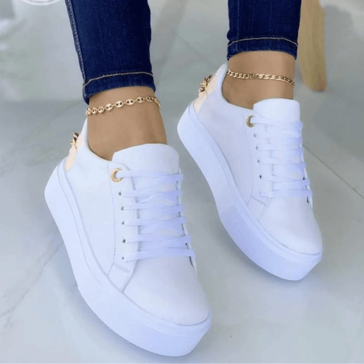 Leather Lace-Up Sneakers with Thick Platform Sole and Metallic Chain Detail