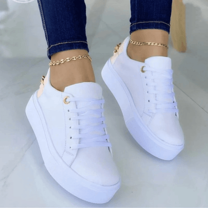 Leather Lace-Up Sneakers with Thick Platform Sole and Metallic Chain Detail