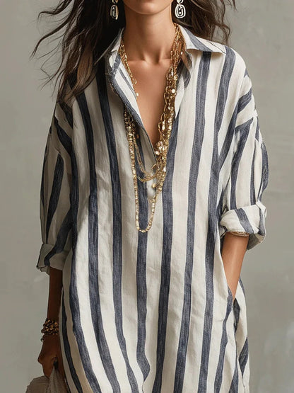 Pepa Striped Cotton Women's Midi Dress with Shirt Collar and Rolled Sleeves