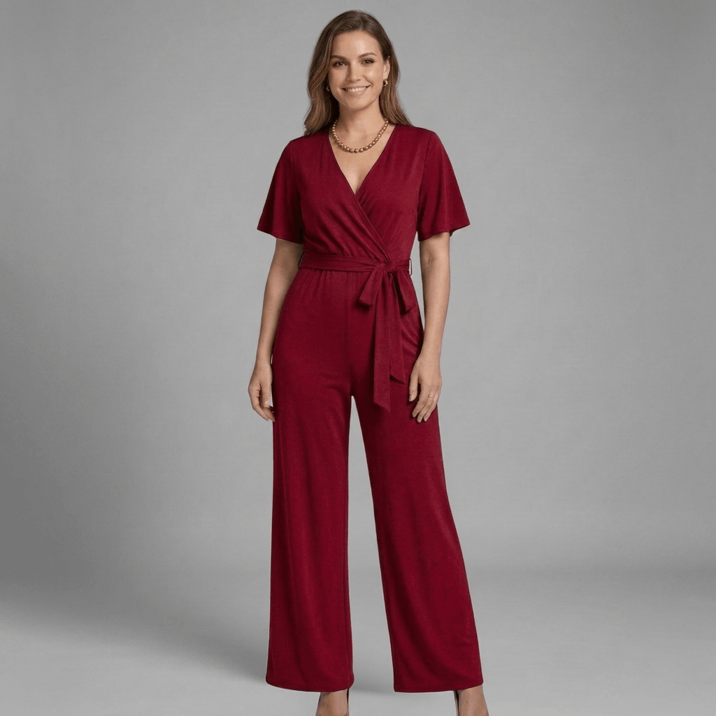 Liora Wrap Front V-Neck Wide-Leg Jumpsuit with Short Sleeves and Waist Tie