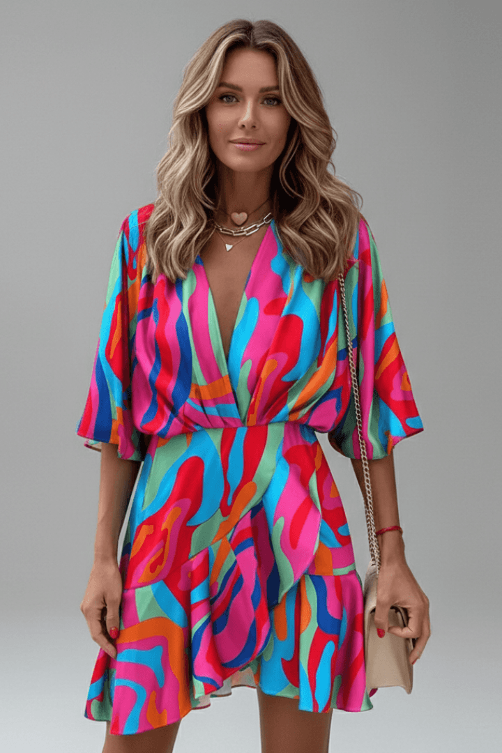 Batwing Sleeve Wrap Mini Dress with Adjustable Waist Tie