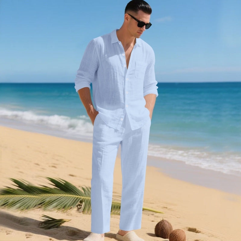 Men's Linen Blend Long-Sleeve Shirt and Pants Two-Piece Set