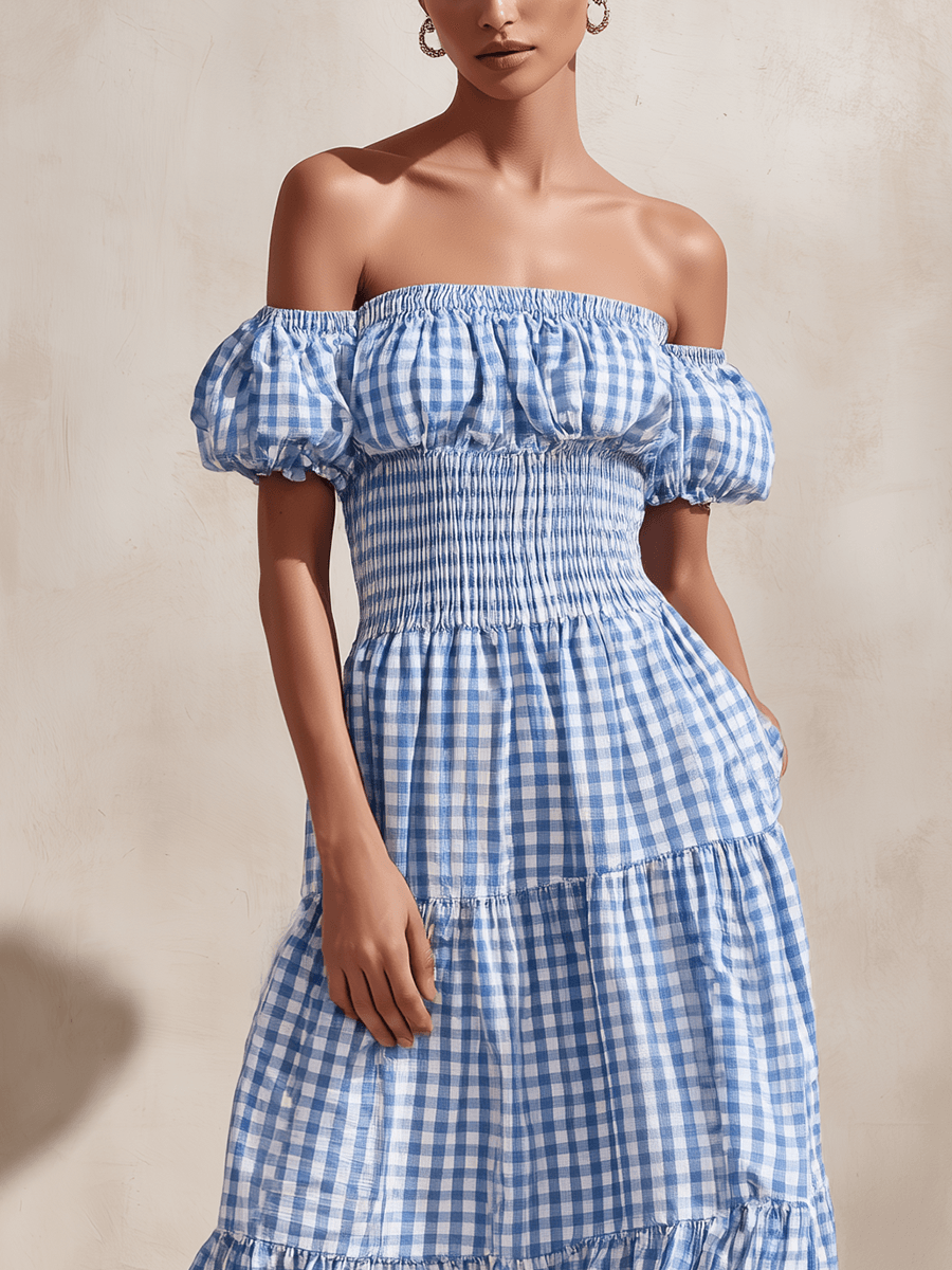 Gingham Off-the-Shoulder Maxi Dress with Puff Sleeves and Tiered Skirt