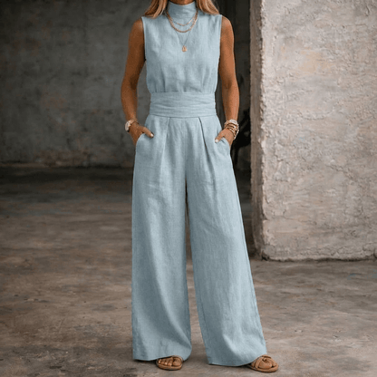 Viola High-Waist Wide-Leg Sleeveless Linen Jumpsuit with Collar