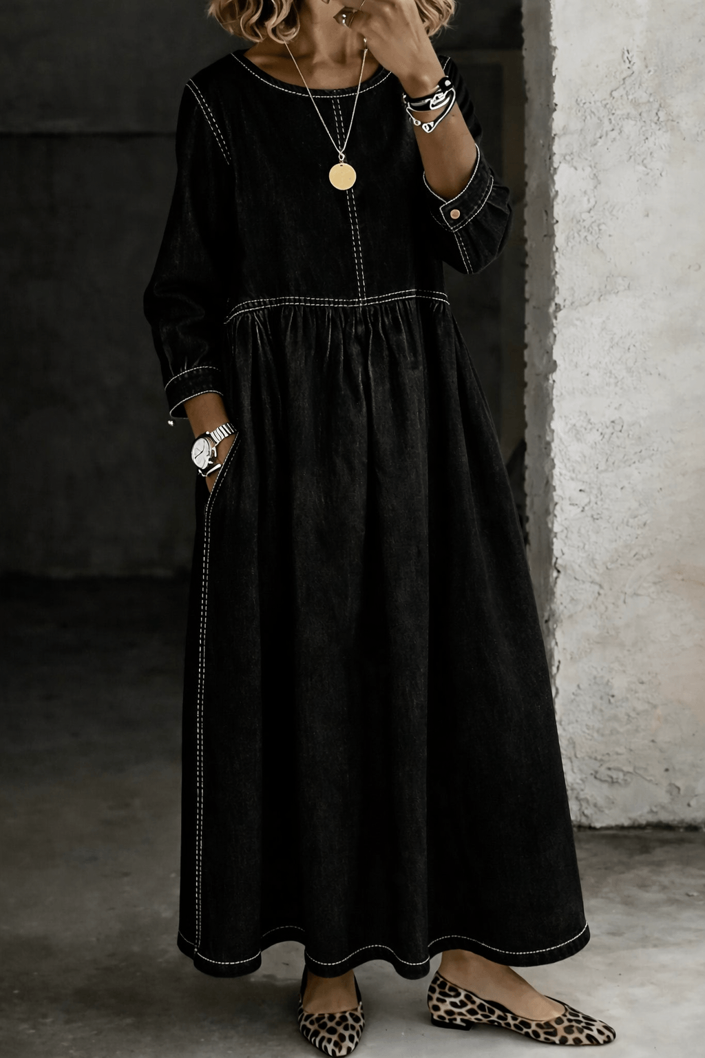 Melissa Round Neck Long Sleeve Denim Maxi Dress with Pockets
