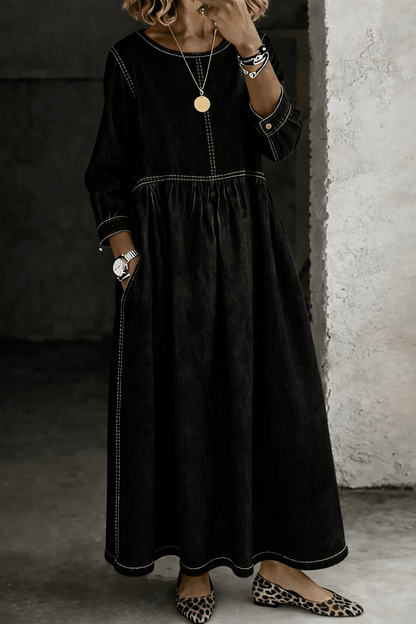 Melissa Round Neck Long Sleeve Denim Maxi Dress with Pockets