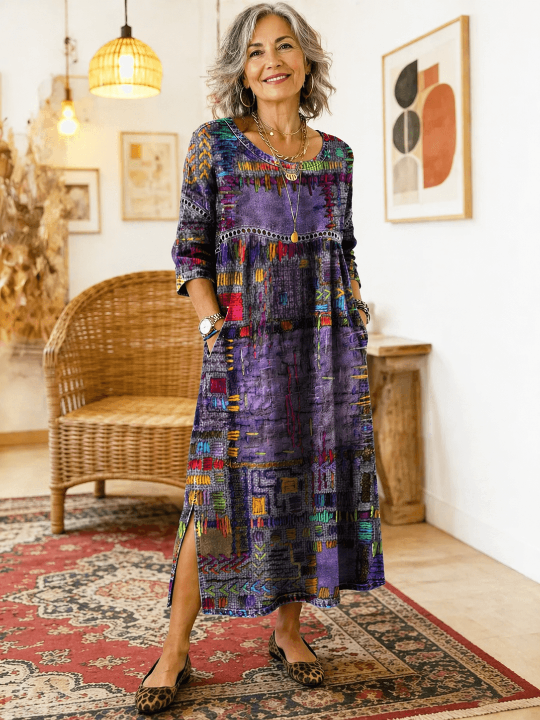 Manuela Ethnic Patchwork Three-Quarter Sleeve Cotton Blend Midi Dress for Women
