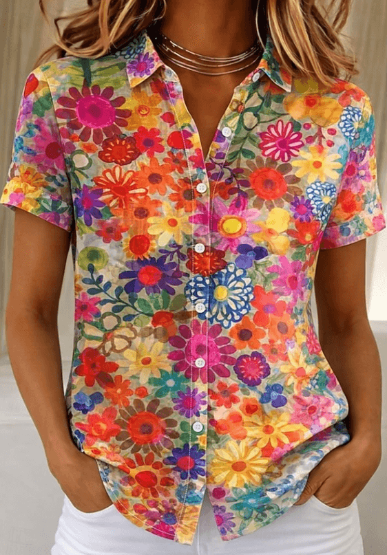 Collared Floral Print Short Sleeve Button-Up Top for Summer