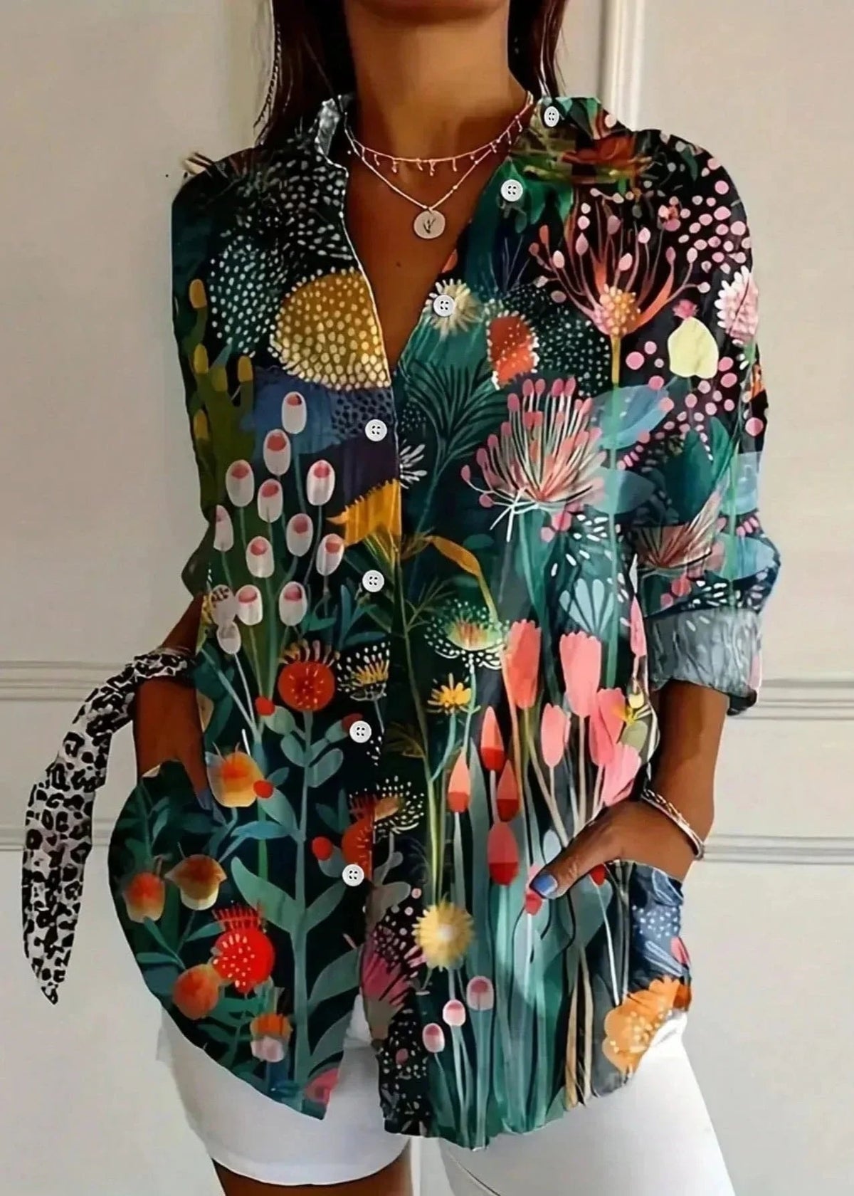 Women's Floral Print Long Sleeve Button Up Blouse for Summer