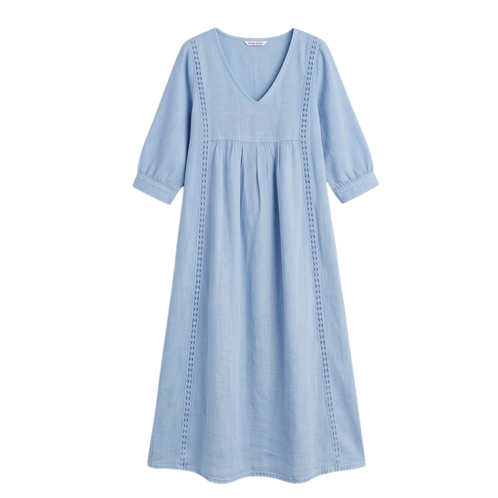Women's Relaxed Linen-Cotton Summer Midi Dress with Lace Trim and Pockets