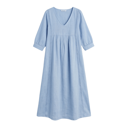 Women's Relaxed Linen-Cotton Summer Midi Dress with Lace Trim and Pockets