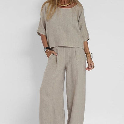 Hannah Young Linen-Blend Two-Piece Top and Wide-Leg Trouser Set