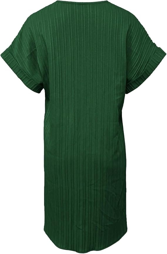 Ribbed Knit V-Neck Button-Detail Midi Dress with Short Sleeves