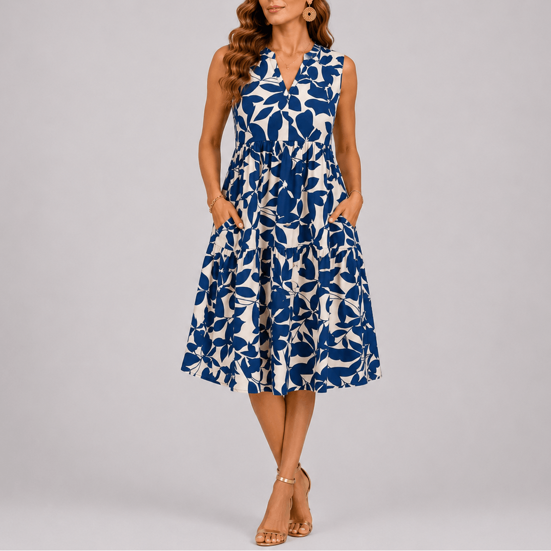 Women's Sleeveless Tiered Floral Summer Dress with V-Neck and Pockets